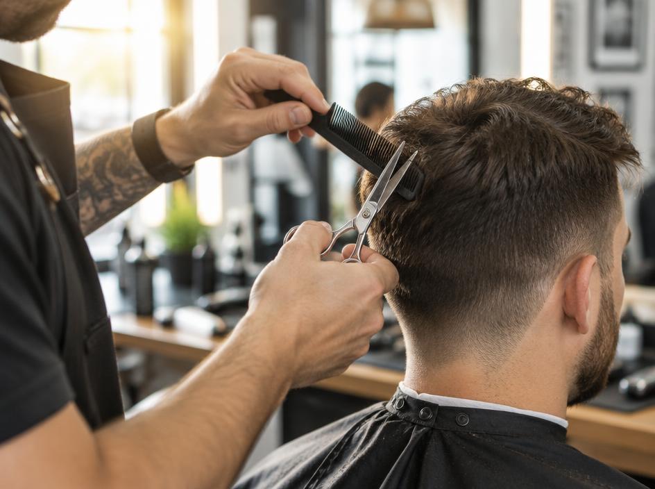 Barber trimming a client's hair with shears.