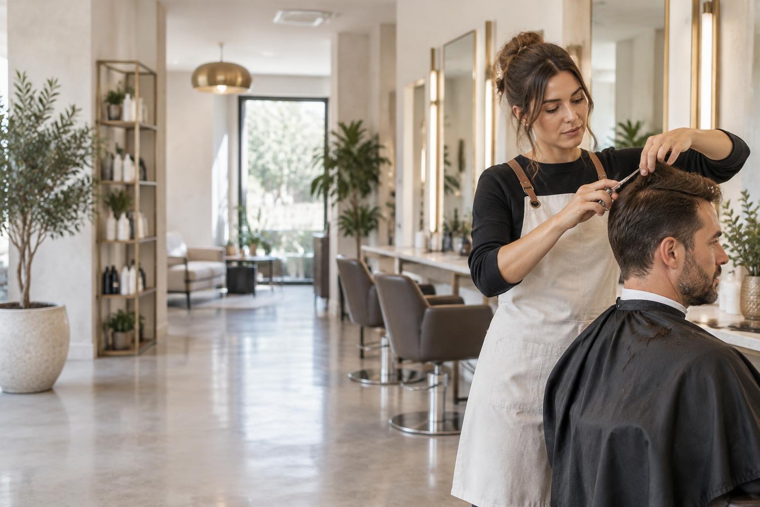 Professional stylist cutting a client's hair in a bright salon.
